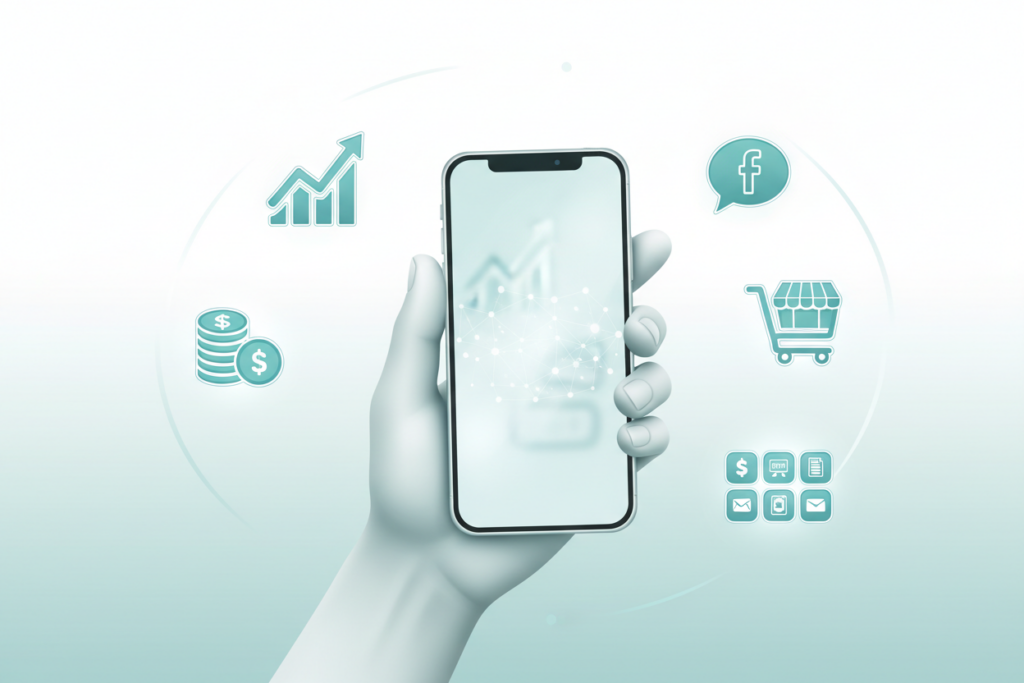 Smartphone in hand showing 3D business icons for mobile growth, ecommerce, and analytics.