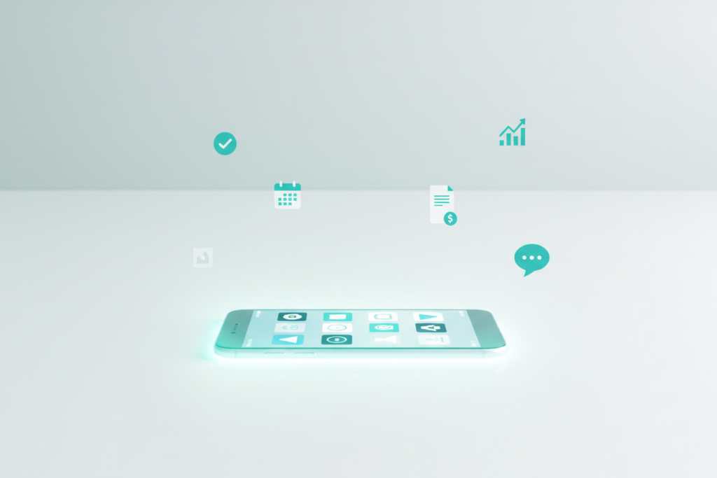 Modern smartphone on a clean desk displaying an organized grid of business application icons.
