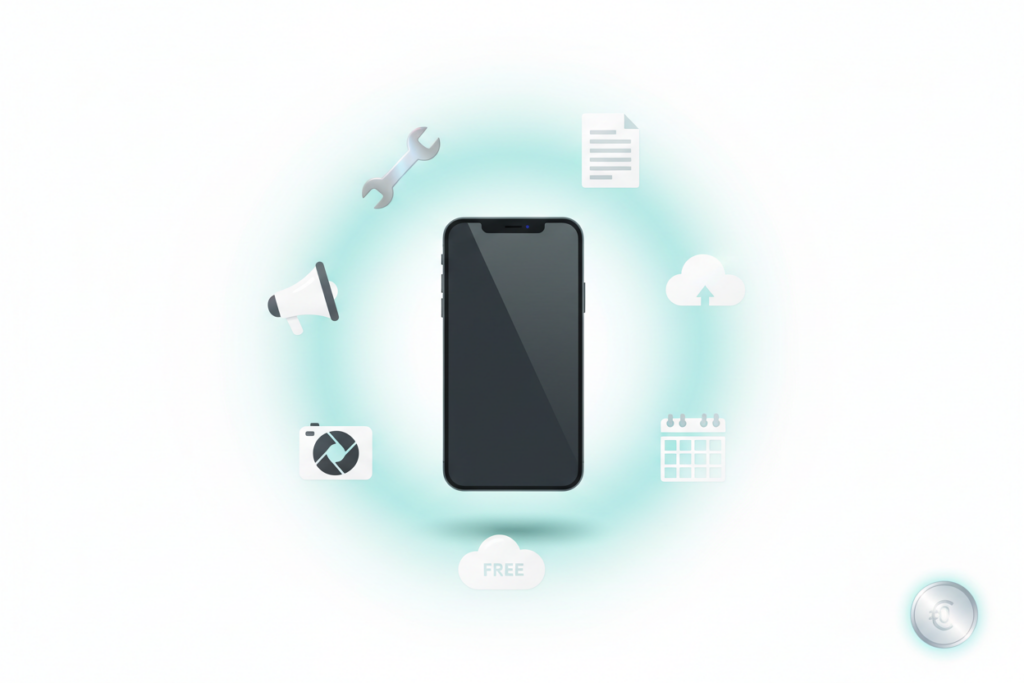 Smartphone with floating minimalist icons representing free business tools like camera and cloud.