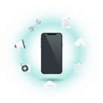 Smartphone with floating minimalist icons representing free business tools like camera and cloud.