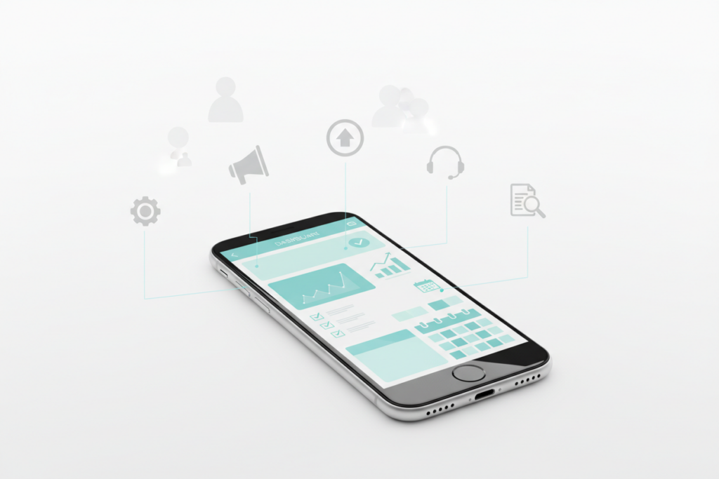 Smartphone screen showing a professional business dashboard as a central control hub for solo entrepreneurs.