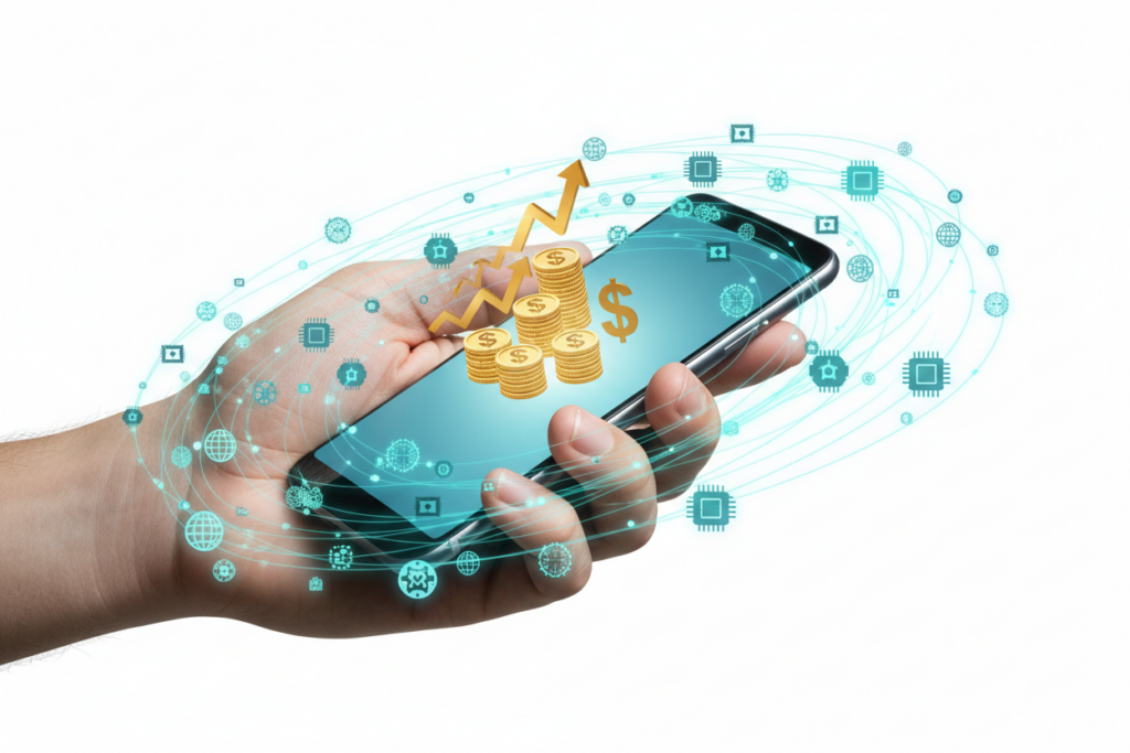 High-end smartphone showing a digital ecosystem of money, AI, and global growth representing the Ultimate Mobile Empire Blueprint 2026.