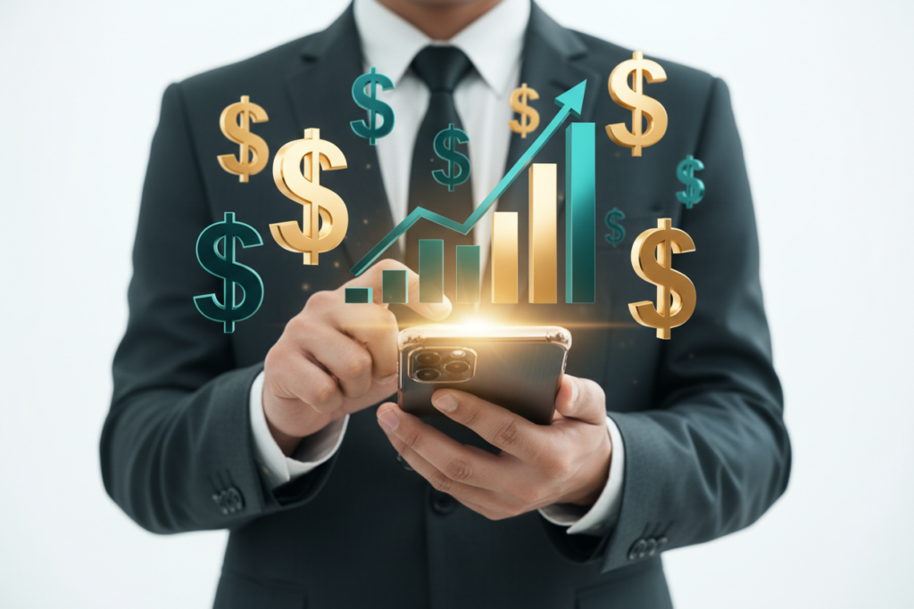 Luxury smartphone with floating gold and teal dollar symbols and growth charts representing high-paying mobile businesses.