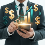 Luxury smartphone with floating gold and teal dollar symbols and growth charts representing high-paying mobile businesses.