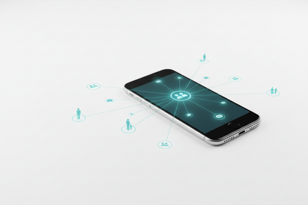 Smartphone with glowing teal lines connecting to people and chat icons representing a mobile lead generation network.