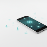 Smartphone with glowing teal lines connecting to people and chat icons representing a mobile lead generation network.