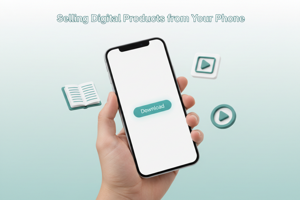 Modern smartphone with floating 3D ebook and video icons representing digital products created on mobile.