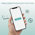 Modern smartphone with floating 3D ebook and video icons representing digital products created on mobile.