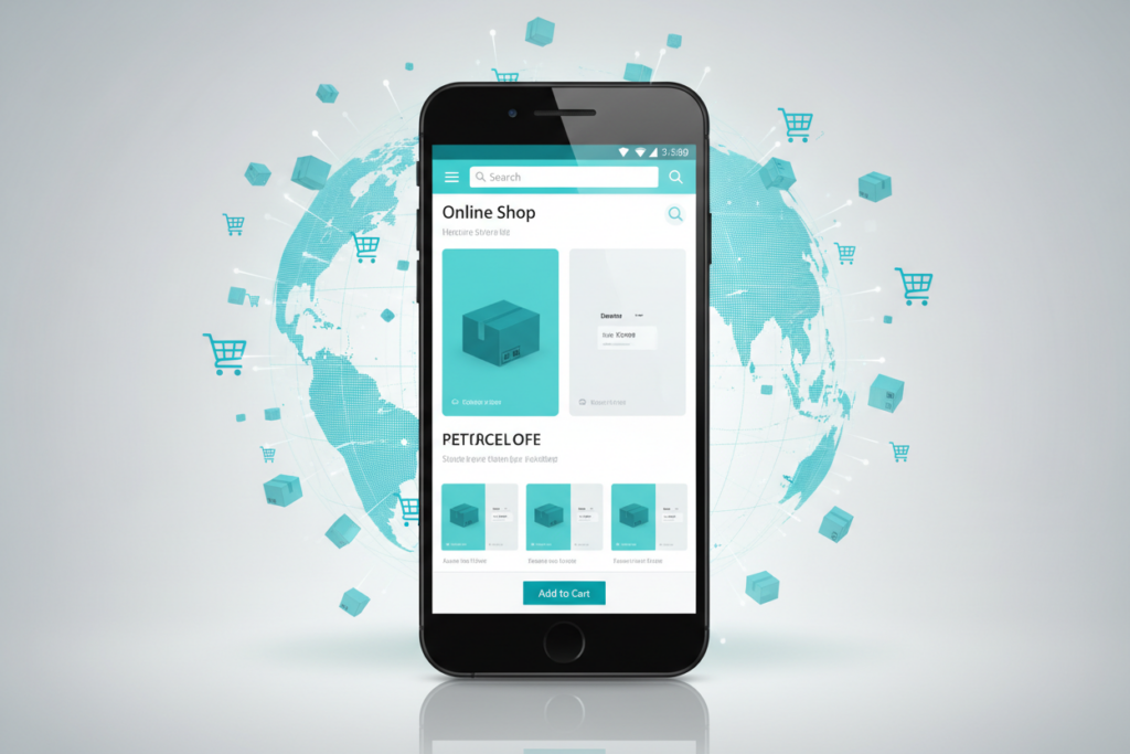 Smartphone showing e-commerce store with floating shipping boxes and shop icons in a global grid.