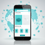 Smartphone showing e-commerce store with floating shipping boxes and shop icons in a global grid.