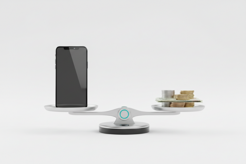Balanced silver scales with a smartphone on one side and cash on the other, representing a realistic smartphone business income check.