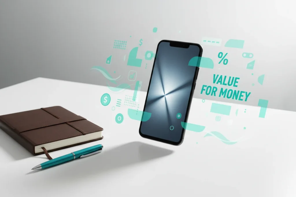 Modern smartphone on a clean white desk with office accessories and teal value-for-money icons.