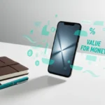 Modern smartphone on a clean white desk with office accessories and teal value-for-money icons.