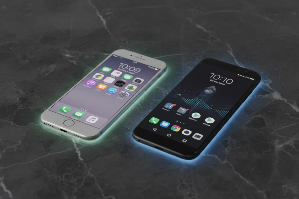 An iPhone and a high-end Android phone side-by-side with subtle teal and blue glows on a dark marble surface.