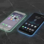 An iPhone and a high-end Android phone side-by-side with subtle teal and blue glows on a dark marble surface.