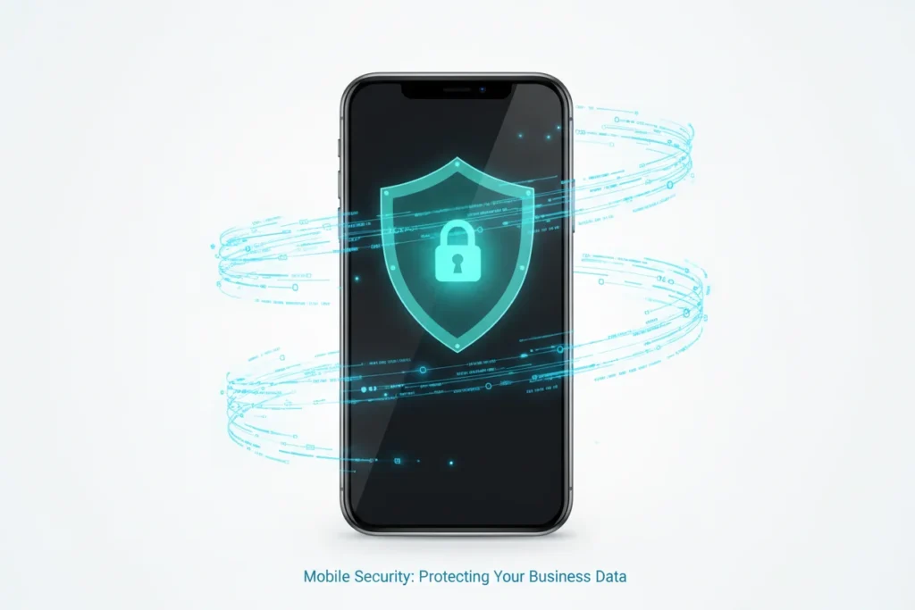 Smartphone on white background with a glowing teal shield and digital padlock representing data security.