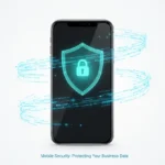 Smartphone on white background with a glowing teal shield and digital padlock representing data security.