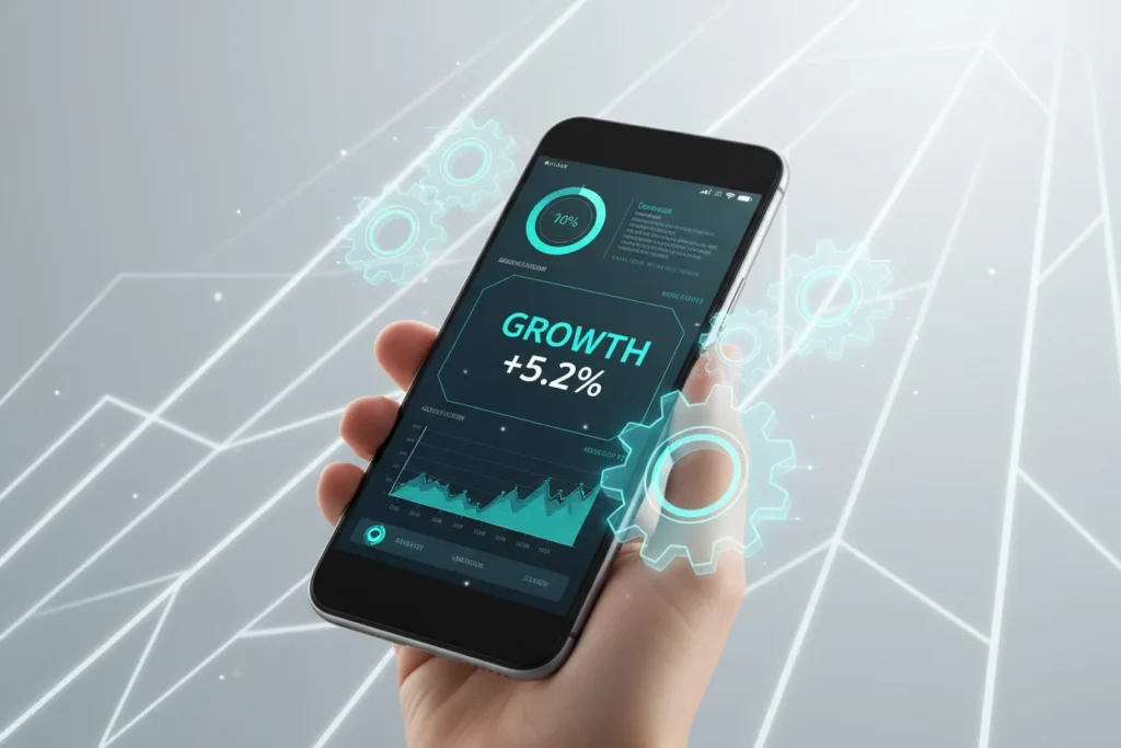 Smartphone with interlocking teal gears floating around it, representing business automation and growth.