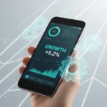 Smartphone with interlocking teal gears floating around it, representing business automation and growth.