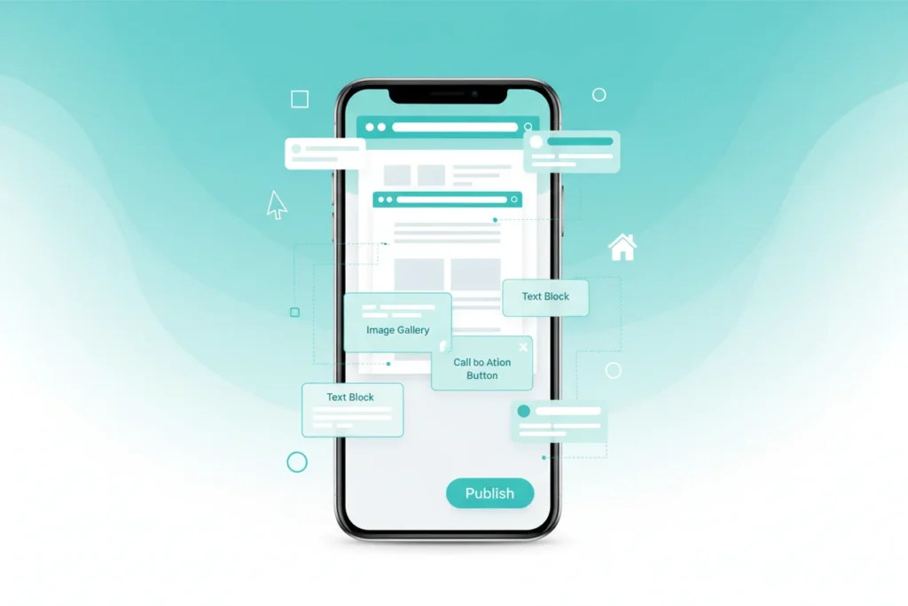A smartphone upright showing a website building UI with blocks, a browser window, and a 'Publish' button.