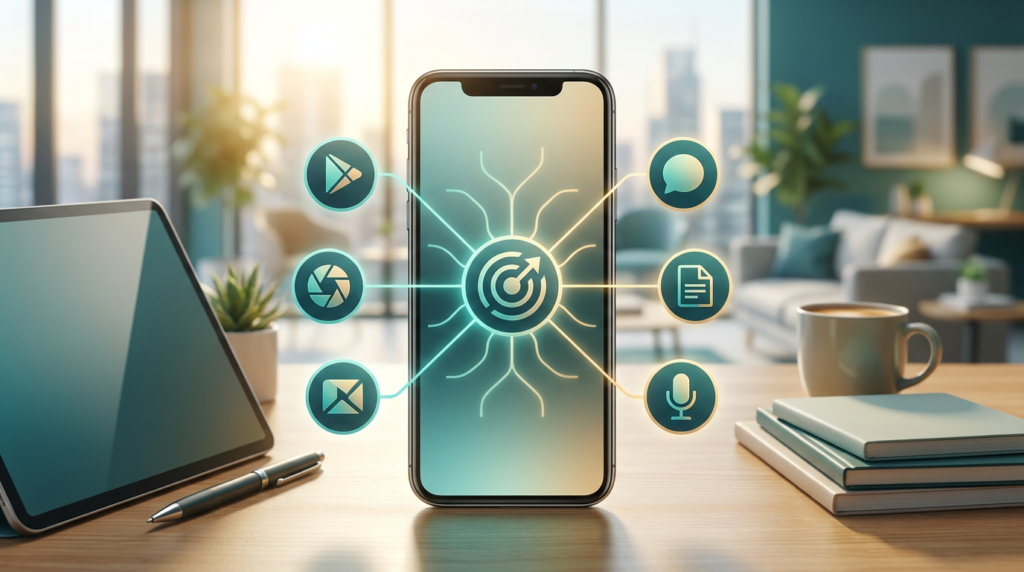 A smartphone on a desk showing a central idea branching out into multiple abstract social media formats, representing a content repurposing system (2026)