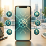 A smartphone on a desk showing a central idea branching out into multiple abstract social media formats, representing a content repurposing system (2026)