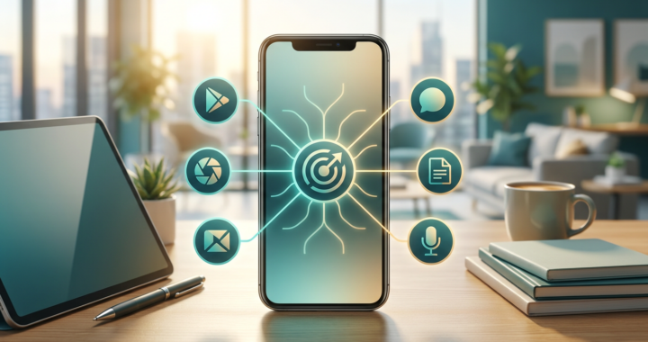 A smartphone on a desk showing a central idea branching out into multiple abstract social media formats, representing a content repurposing system (2026)