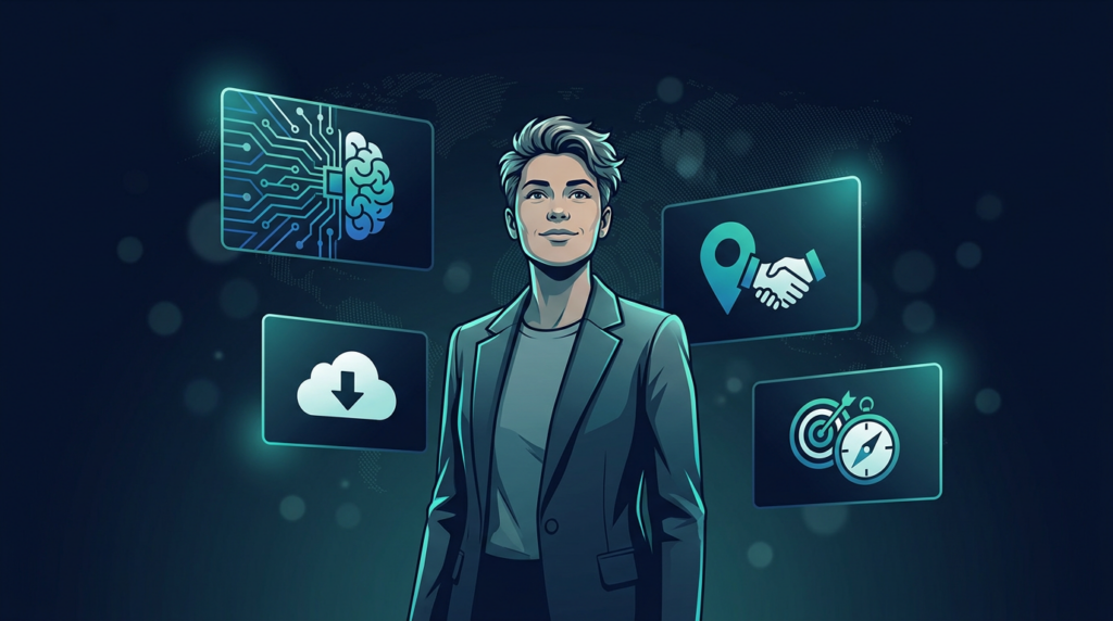 Aspiring entrepreneur exploring out-of-the-box business ideas with floating cards for AI, digital products, local services, and niche markets