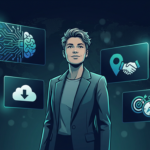 Aspiring entrepreneur exploring out-of-the-box business ideas with floating cards for AI, digital products, local services, and niche markets