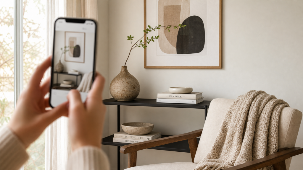 Entrepreneur photographing styled artisan home decor, including a ceramic vase and woven blanket, using a smartphone in a modern interior.