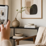 Entrepreneur photographing styled artisan home decor, including a ceramic vase and woven blanket, using a smartphone in a modern interior.