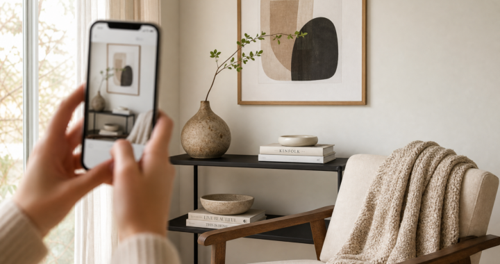 Entrepreneur photographing styled artisan home decor, including a ceramic vase and woven blanket, using a smartphone in a modern interior.