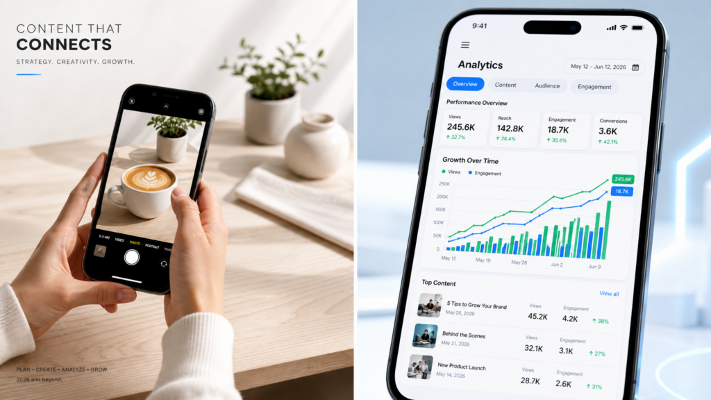 A professional split-screen showing a person photographing a coffee cup for social media and a smartphone screen with growing analytics charts.