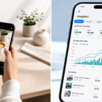 A professional split-screen showing a person photographing a coffee cup for social media and a smartphone screen with growing analytics charts.