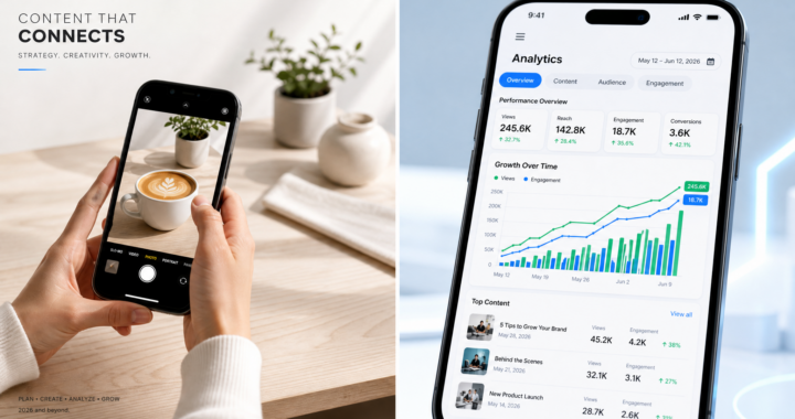 A professional split-screen showing a person photographing a coffee cup for social media and a smartphone screen with growing analytics charts.