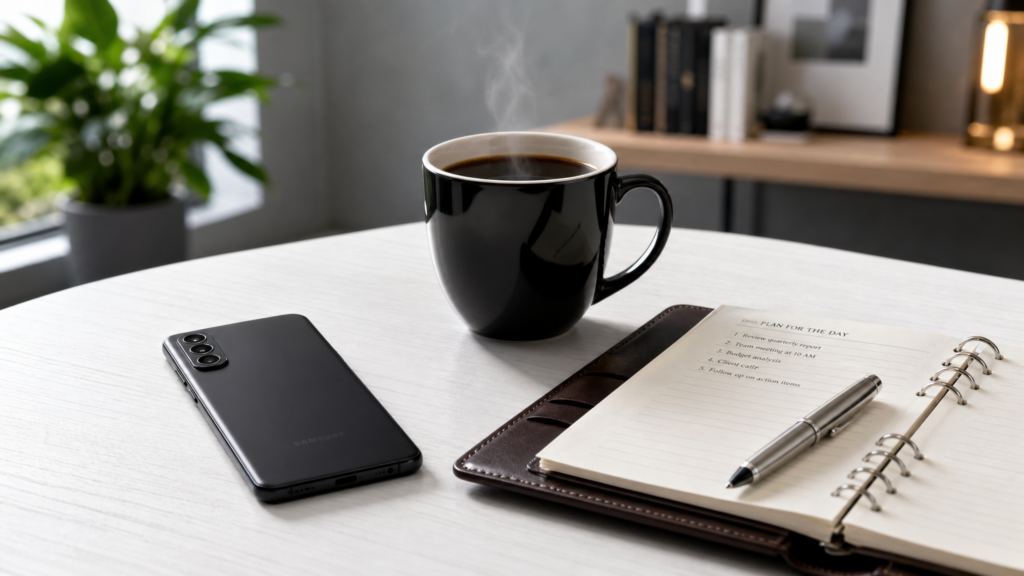 Best budget smartphones for entrepreneurs in 2026 featuring Samsung Galaxy and Google Pixel A-series on a professional white office desk with coffee and planner.