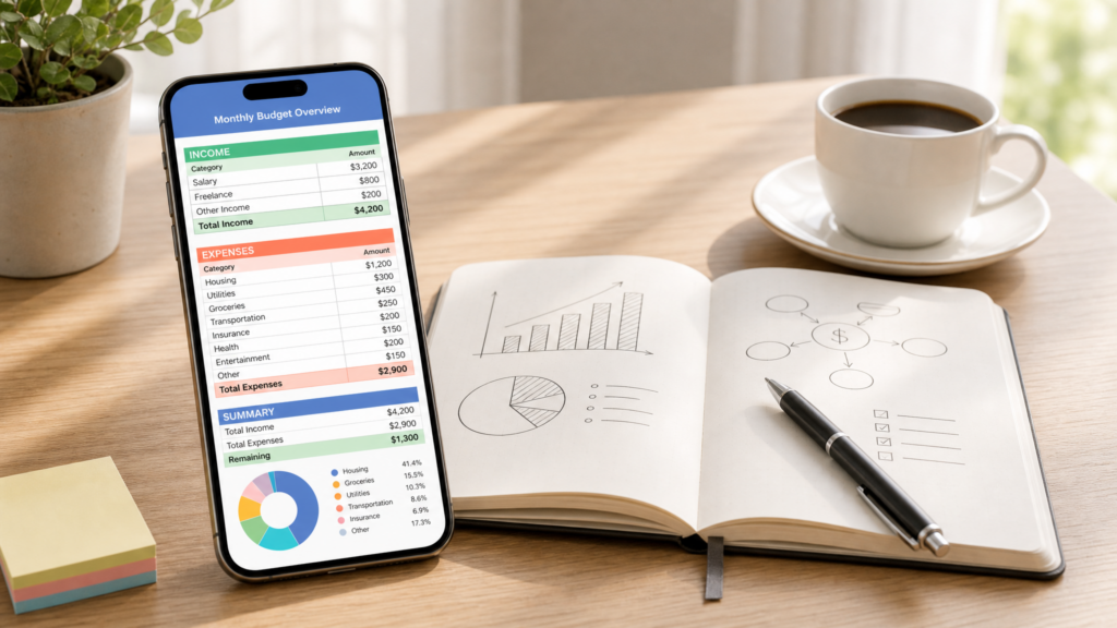 A clean, minimal desk with a smartphone showing a simple budget spreadsheet, a notebook with financial notes, and a cup of coffee, representing beginner business budgeting.