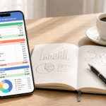 A clean, minimal desk with a smartphone showing a simple budget spreadsheet, a notebook with financial notes, and a cup of coffee, representing beginner business budgeting.