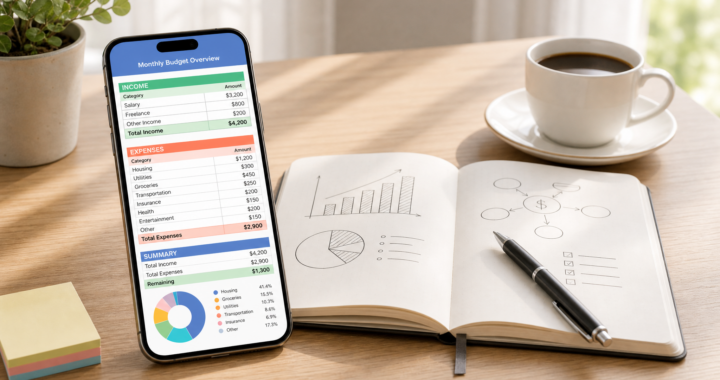 A clean, minimal desk with a smartphone showing a simple budget spreadsheet, a notebook with financial notes, and a cup of coffee, representing beginner business budgeting.