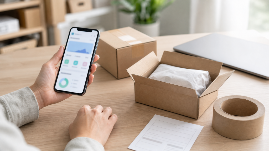 Hands holding a smartphone with an online store dashboard next to shipping boxes and packing materials, representing mobile dropshipping in 2026.