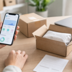 Hands holding a smartphone with an online store dashboard next to shipping boxes and packing materials, representing mobile dropshipping in 2026.