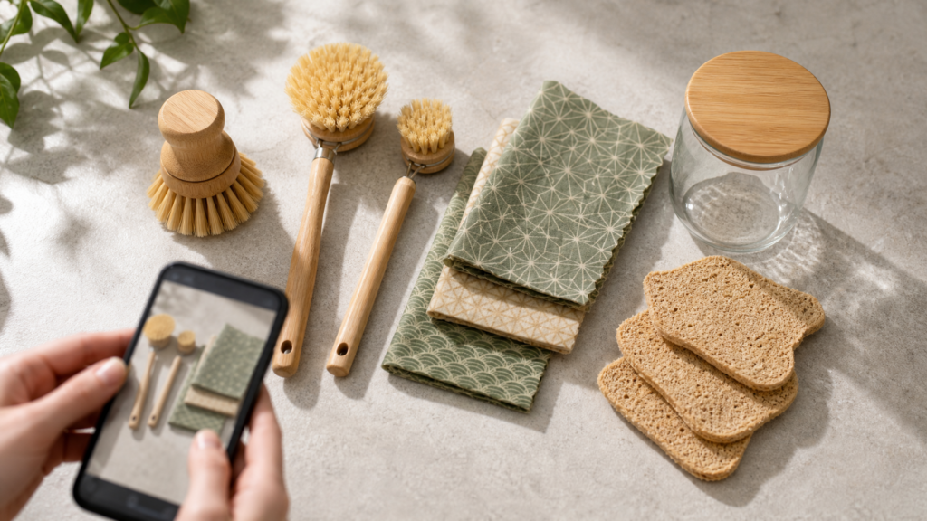 Eco-friendly household starter kit with amber glass spray bottles, bamboo brushes, beeswax wraps, natural soap, linen cloths, and reusable kitchen items.