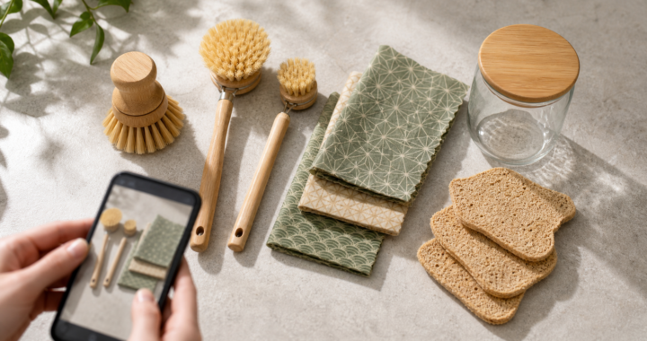Eco-friendly household starter kit with amber glass spray bottles, bamboo brushes, beeswax wraps, natural soap, linen cloths, and reusable kitchen items.