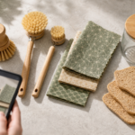 Curated eco-friendly kitchen starter kit with bamboo brushes and beeswax wraps on a stone counter, being photographed with a smartphone.