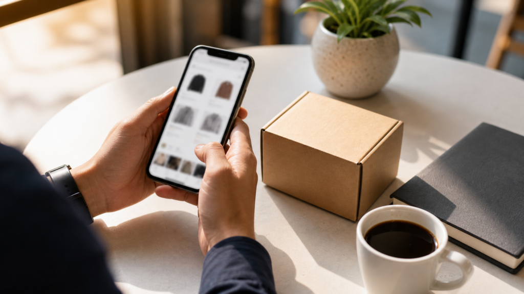 Entrepreneur sourcing products for e-commerce on a smartphone at a cafe with a product sample box and shipping supplies on the table.