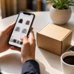 Entrepreneur sourcing products for e-commerce on a smartphone at a cafe with a product sample box and shipping supplies on the table.