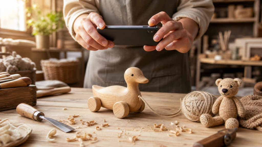 Artisan taking a photo of a handmade wooden toy with a smartphone on a workshop table with crafting tools and wood shavings.
