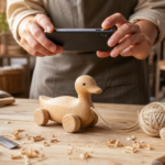 Artisan taking a photo of a handmade wooden toy with a smartphone on a workshop table with crafting tools and wood shavings.