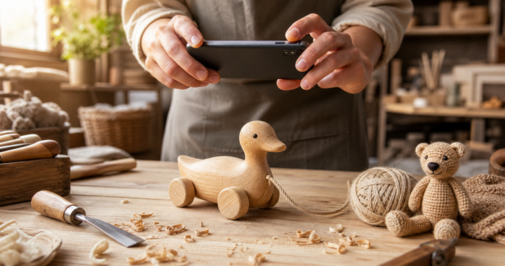 Artisan taking a photo of a handmade wooden toy with a smartphone on a workshop table with crafting tools and wood shavings.