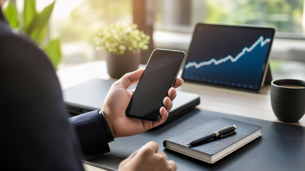Professional using a smartphone at a minimalist desk with a notebook and an upward-trending chart, representing high-income phone-based businesses in 2026.